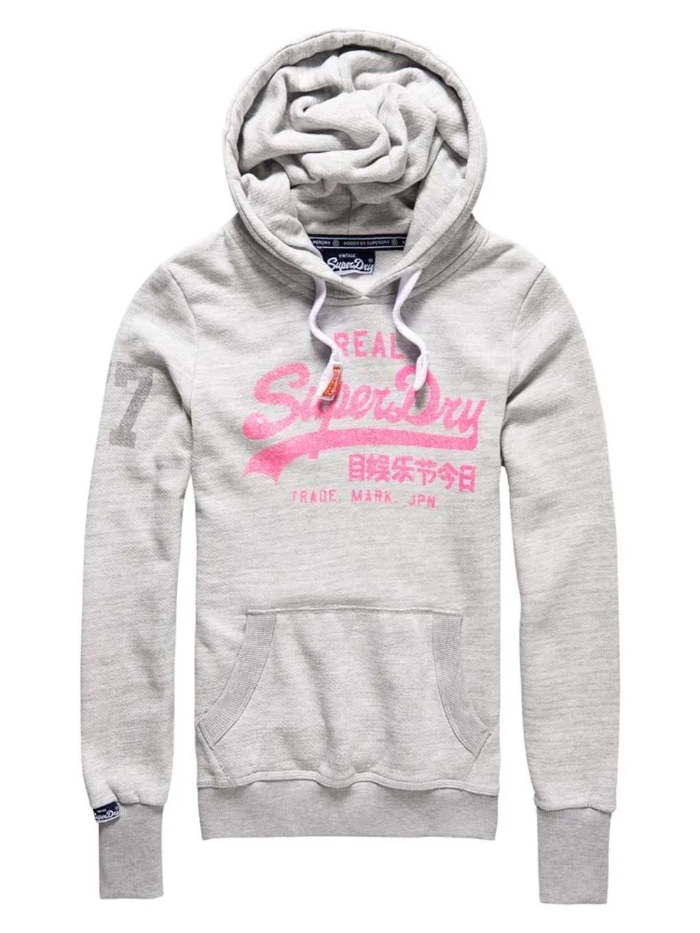 Superdry Light Gray Hoodie Sweater with Pink Logo